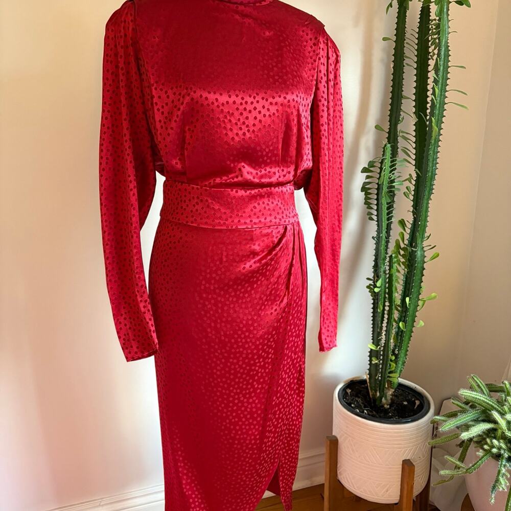 Ronny Kobo Red Silk Blend Midi Dress Mob Wife high slit open peek-a-boo back s